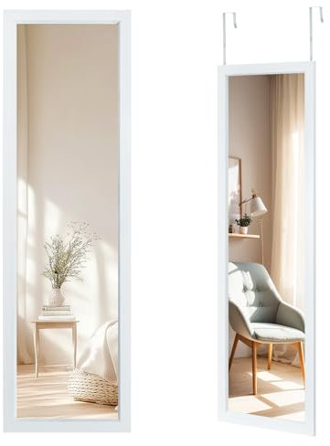 CROWNSHOP Full Length Mirror 110x33cm - Wall Mounted Over The Door Mirror with Adjustable Hooks | Large HD Tempered Glass Full Body Mirrors for Bedroom, Wardrobe | Space-Saving (White)