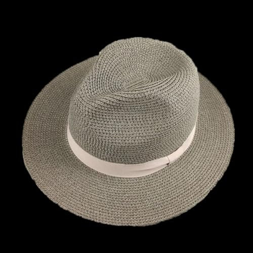 AAIXXIZAO Sonnenhut Strohhut Hut Damen Großer Kopf Panama Strohhut Mit Faltbarem Stroh Gewebter Hut Plus Size Männer Jazz Top Hat Sonnenschutz Sonnenschutz Hut 61-64Cm Grau