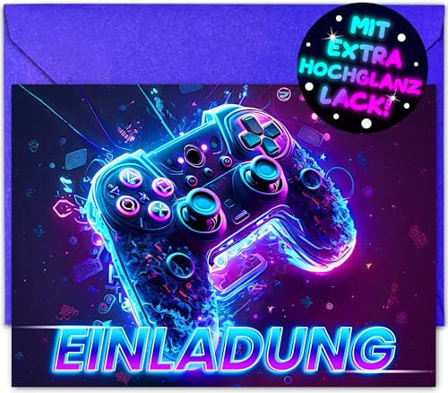 VULAVA 12x Gaming EINLADUNGSKARTEN KINDERGEBURTSTAG Junge Mädchen + 12x Umschläge - die Gamer PARTY Karten sind die Gamer EINLADUNG für Jungen Mädchen Kinder GEBURTSTAG Einladung VIDEOSPIEL ZOCKEN