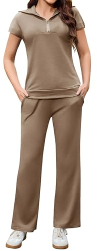 Aottori Zweiteiler Damen Sommer Outfits Jogginganzug Trainingsanzug Set | Freizeitanzug, Loungewear, Elegant Hausanzug, Kurzarm Tracksuit, Weites Bein, Kurzer Frontreißverschluss
