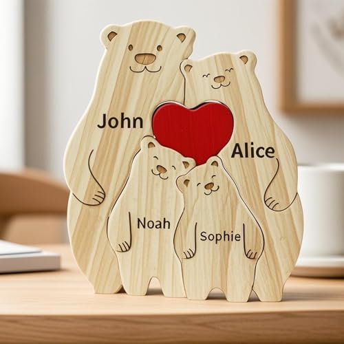 Personalisiertes Holzkunstpuzzle Der Bärenfamilie Mit 2-8 Namen, Muttertagsgeschenke Für Mama, Holz Bär Skulpturen Desktop Ornament für Familien Geschenk (Bear)