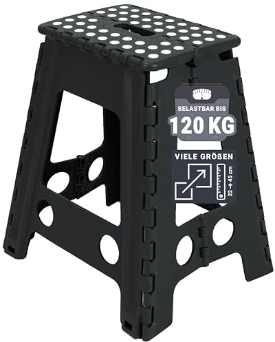 ZOLLNER Tritthocker faltbar - Klapphocker für Kinder und Erwachsene bis 120kg - Anti-Rutsch-Beschichtung - mit praktischem Tragegriff - extrem leicht - 45 cm hoch - Kunststoff - schwarz/weiß