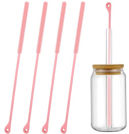SAIIURV 4 Stücke Silikon Strohhalm Bürste, Langer Strohbürste, Reinigungsbürsten, Wiederverwendbare Strohhalmbürsten für Strohhalm-Reiniger, Wasserbecher, Reagenzgläser, Babyflaschen, Trichter (Rosa)