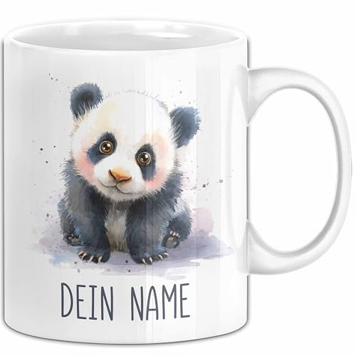 Panda Tasse mit Namen – Süße Personalisierte Kaffeebecher Geschenk Tiermotiv Becher mit Namen (Weiß)