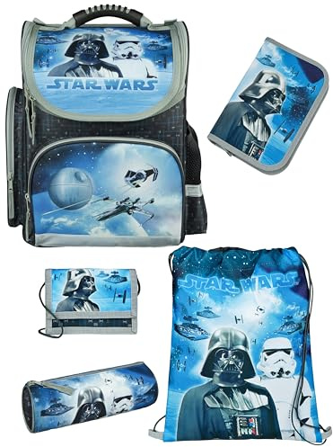 Familando - Schulranzen Set CLOU - 5-teilig mit Federmappe - Star Wars Classic - Ergonomisch, stabil & mit gepolstertem Rücken - 930g leicht - 15L Volumen - Mit Reflektoren - ab 1. Klasse