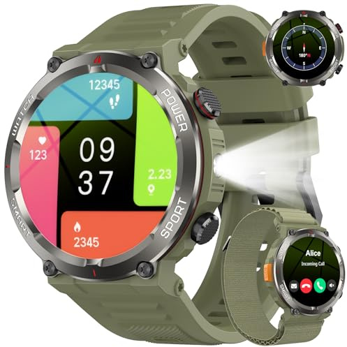 Baolubao Smartwatch Uomo con Effettua o Risposta, 1.45 HD Orologio con 100Giorni StandbyBatteria/LED Torcia/Bussola, 24/7 Monitoraggio Salute (Frequenza Cardiaca/Sonno/SpO2) per Android iOS（Verde）
