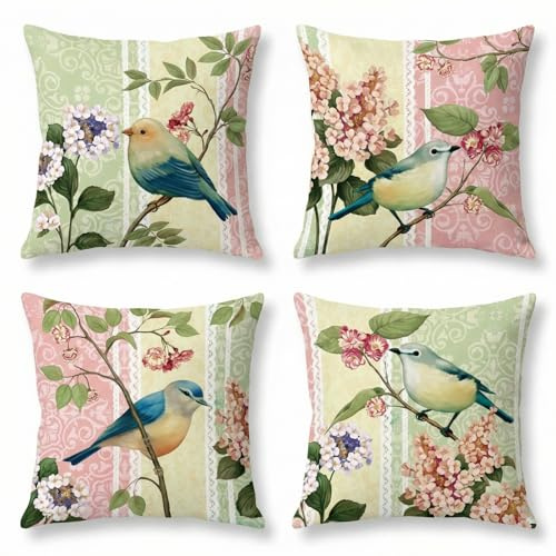 BREASOME Kissenbezug 45x45 cm 4er Set Kissenbezüge Vögel und Blumenmuster Leinen Kissenhülle Dekorative Sofakissen Dekokissen Zierkissenbezug für Sofa Couch Wohnzimmer Schlafzimmer