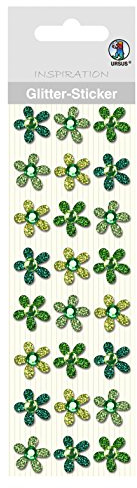 Ursus 75000007 - Glitter Sticker, Blüten, grün, 24 Stück, selbstklebend, einfach von der Folie abzuziehen, in verschiedenen Farbtönen, geeignet für Scrapbooking, Kartengestaltung und zur Dekoration