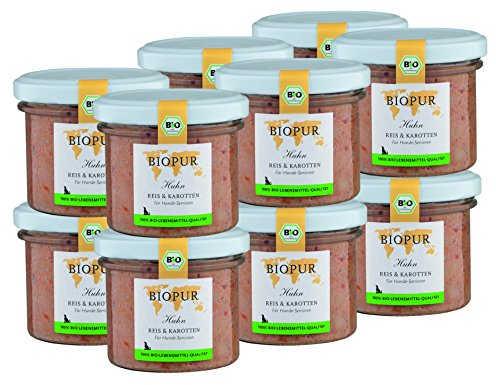 BIOPUR Tiernahrung Bio Hundefutter Huhn, Reis & Karotten für Hunde-Senioren 12x100g