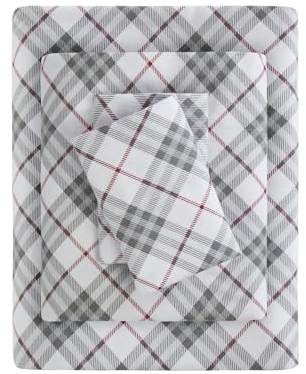 Sleep Philosophy True North Gemütliches Flanell-Bettwäsche-Set, warm, 100% Baumwolle, Bedruckt, Tiere, Sterne, niedlich, ultraweich, für kaltes Wetter, Doppelbett, XL, rotes Karomuster, 3-teilig