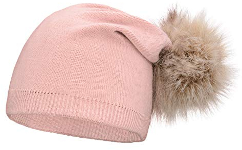 Neverless® außergewöhnliche Damen Strickmütze mit Fell-Bommel, Strick-Beanie rosa
