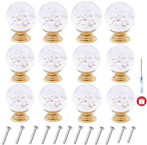ANJUU 12 Pcs 30mm Round Shape Bubble Crystal Glass Cabinet Knobs with Screws Drawer Knob Pull Handle Used for Kitchen, Dresser, Door, Cupboard (Gold B Clear)