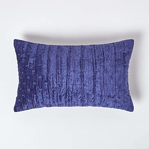 HOMESCAPES Navy Blue Rectangular Crushed Velvet Cushion Cover with Embroidered Design Super Soft Dark Blue Luxury Decorative Scatter Cushion 30 x 50cm Throw Pillow for Sofa or Bed with Zip Closure
