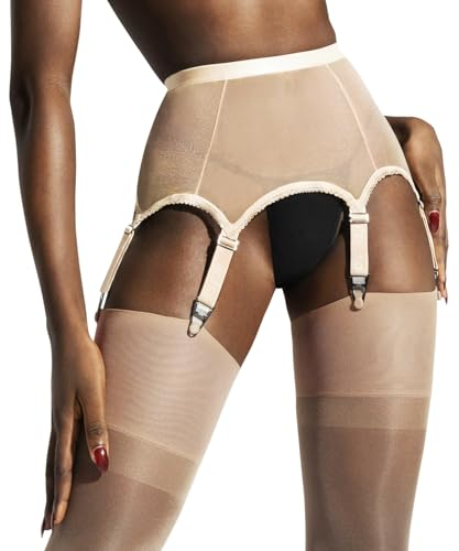 sofsy Leicht Bräunen Strumpfhalter für Damen mit 6 Riegeln | Ultraweiche Strumpfbänder für Strümpfe | Leicht Bräunen Netzstrumpfgürtel - Large