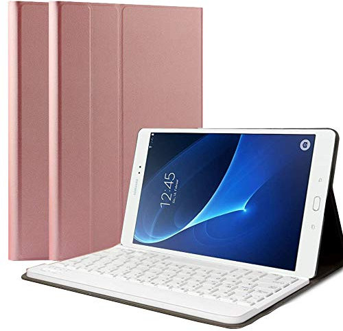 QYiiD Funda con Teclado para Galaxy Tab A 10.1 2016 (SM-T580 / T585), Funda de Cuero Ultra Delgada con QWERTY Teclado Bluetooth Inalámbrico Desmontable para Galaxy Tab A 10.1, Oro Rosa