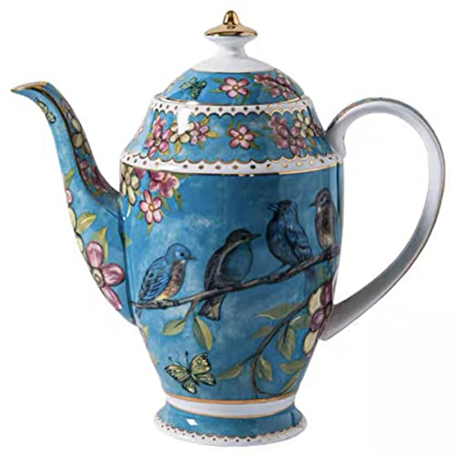 YBK Tech Bone China Teapot, 34oz Ceramic Coffee Pot, Birds and Trees Patterns (Blue)