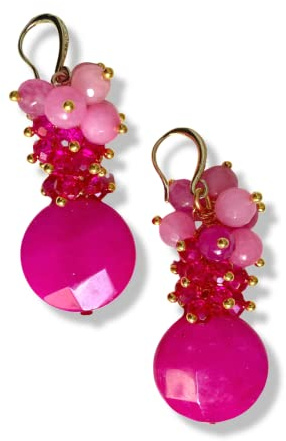 Orecchini Pendenti Fucsia con Perle e Cristalli – Orecchini Artigianali Fatti a Mano, Pietre Dure, Ottone Anallergico, Made in Italy