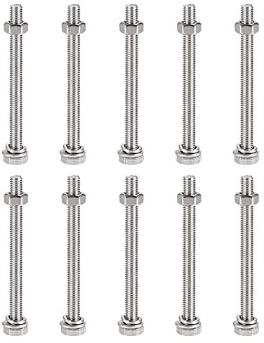 sourcing map M6 x 75mm Hex Head Screws Bolts, Nuts, Flat & Lock Washers Kits, 304 Stainless Steel Fully Thread Hexagon Bolts 10 Sets