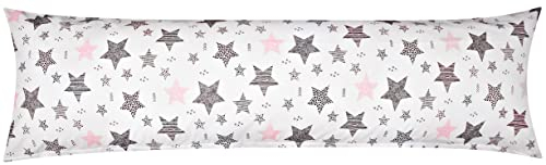Heubergshop Baumwoll Renforcé Seitenschläferkissen Bezug 40x145cm - Sterne mit kreisen und Punkten - Weiß, Rosa, Schwarz - 100% Baumwolle Stillkissenbezug (KY-610-1)