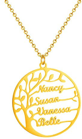 HSWYFCJY Collier Prénom Personnalisé,Collier Arbre de Vie/Arbre Généalogique Femme Personnalisable 1-4 Prénoms, Collier Personnalisé Bijoux Cadeau en Or/Rose/Argent pour Famille