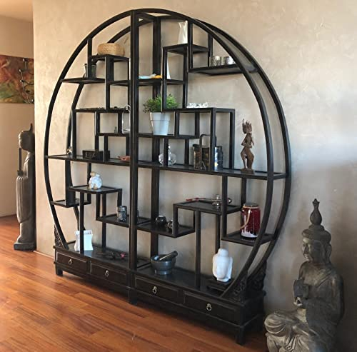 OPIUM OUTLET Orientalisches Rundregal Eckregal Wandregal Raumteiler Bücherregal Regal Schrank Hochzeitsschrank Möbel Vitrine offen rund chinesisch asiatisch Vintage (Black)