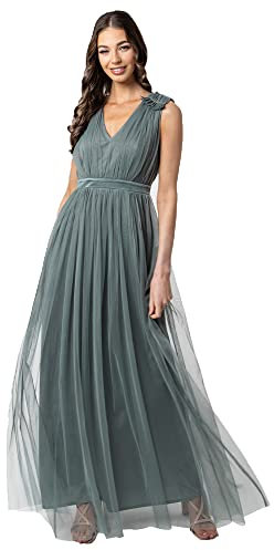 Maya Deluxe Femme Maya Longue Luxe avec Volants Sur Épaules Robe de demoiselle d honneur, Vert Bruyant., 50 EU