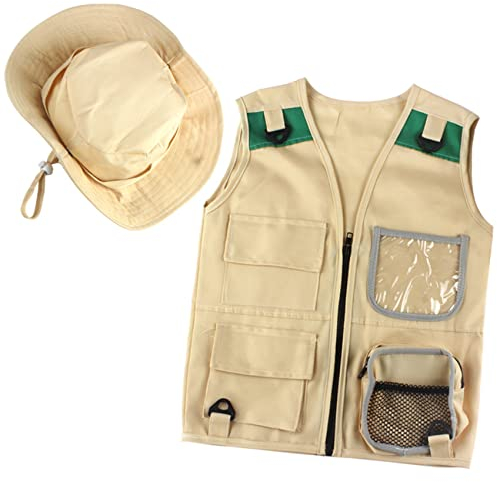 Fransande Outdoor-Abenteuer-Kit, Khaki Cargo-Weste und Hut für Junge Kinder Bequemes und Langlebiges EntdeckerkostüM Rollenspielspielzeug