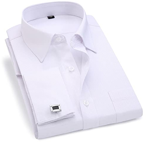 Rayé pour Homme Boutons de manchette French Casual Dress Shirts Manches Longues Col Blanc Design Mariage Smoking Shirt FS06 Blanc Sergé Taille L