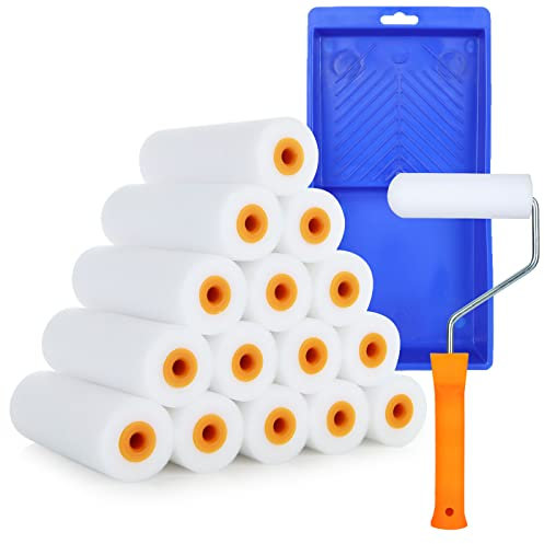 FVIEXE Schaumstoff-Farbroller, 15-teiliges Mini-Farbroller-Set mit 1 Rollenrahmen und 1 Farbschale, hochdichter Schaumstoff, kleine Farbroller-Set für Möbel, Wand, Schrank, Malerei