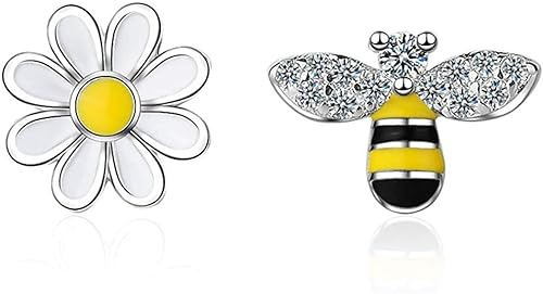 BSLVWG Mini Biene Gänseblümchen Blume Asymmetrische Ohrstecker für Frauen Teenager Mädchen Sensibles Ohr Mode Tier Niedlich Piercing Post Hypoallergen Modeschmuck Geschenke Geburtstag