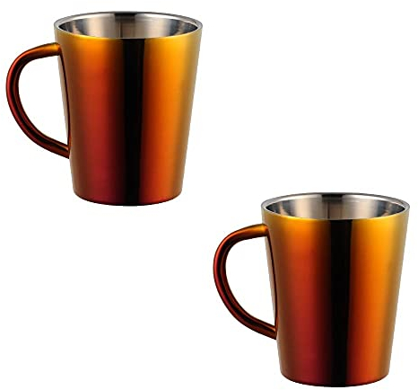 TUPMFG Orange-rot Kaffeetassen 2er Set, 300ml Edelstahl Kaffeebecher, Doppelwandig Trinkbecher mit Henkel, Spülmaschinenfest