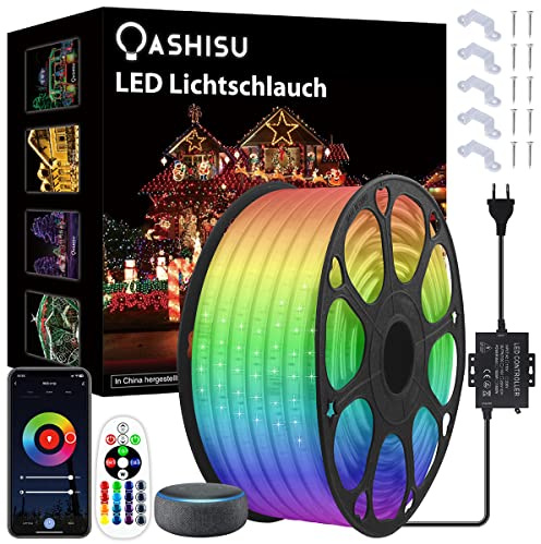 OASHISU 30M 2023 LED Lichtband RGB Strip Außen Bluetooth LED Streifen RF Fernbedienung Lichterschlauch Funktioniert mit Alexa & Google Assistant Wasserdicht IP65 Lichterkette App-Steuerung Musik-Sync