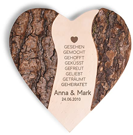 Baumscheibe Herz mit Gravur Hochzeitsdeko - mit Namen personalisiert - Echtholz - für Paare - Liebe und Romantik - Holzscheibe aus Erle - mit Baumrinde - Geburtstagsgeschenk - Frauen und Männer