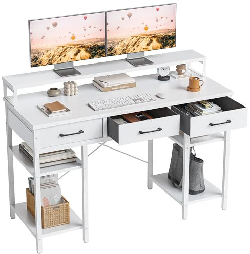 CubiCubi 120 cm Computer Desk with 3 Drawers and Storage Shelves, Small Home Office Desk with Monitor Stand, Study Writing Table for Bedroom, White