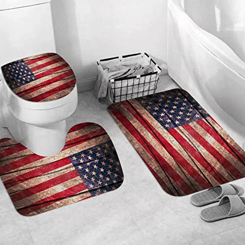 JIFOME Badteppich 3 Stück Weiche saugfähige Badematten,Retro-USA-Flagge Amerikanische Flagge auf rustikalem Holzbrett,rutschfeste Badematte Teppiche & Toilettendeckelabdeckung Set Waschbar