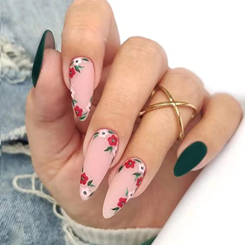 24 Pièces Faux Ongles Moyen Amande Français Ongles à Coller Acrylique Capsules Ongles à Presser Artificiels Couverture Complète Glossy Press on Nails 12 Tailles (Fleurs Vertes)