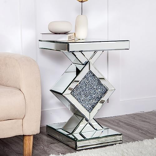 SHYFOY Beistelltisch, 40x40x60cm, Quadratischer Kaffeetisch Couchtisch mit Luxuriösen Kristall-Diamant-Akzenten, Spiegelfläche, MDF-Rahmen, Glas Sofatisch für Schlafzimmer, Wohnzimmer, Silber