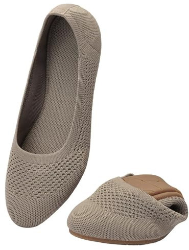 Puxowe Damen Ballerina Runde Zehe Stricken Flache Schuhe Komfort Weich Slip On Ballerina Walking Flats Schuhe für Frauen Niedriger Keil Lässig 39 EU Khaki