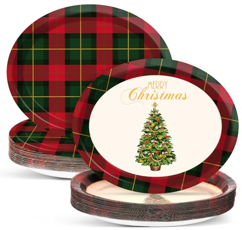 50 PCS Christmas Red & Green Gingham Oval Paper Plates Large 11” Disposable Christmas Family Theme Party Decoration Supplies Heavy Duty Dish Tray for BBQ Gathering Carnival Dinner Holiday Tableware