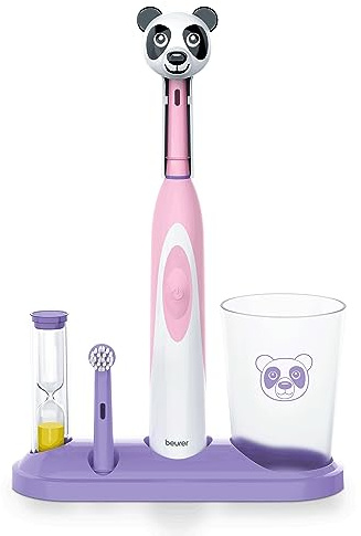 Beurer TB10 Kit de brosse à dents électrique pour enfants – Bonnet amusant Polly The Panda avec 2 têtes de brosse extra douces pour aider à enlever la plaque, minuterie de 2 minutes et gobelet de