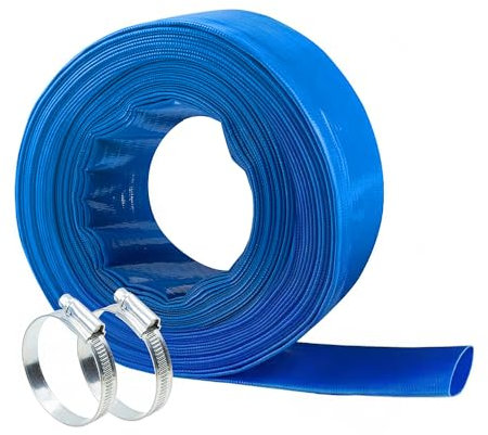 NUDAOS PVC-Schlauch, Kunststoffrohr, 5,1 x 30,5 m, Rückspülschlauch, strapazierfähig, verstärktes blaues PVC, flach liegend, für Schwimmbecken und saubere Filter, mit 2 Klemmen (5,1 x 15,2 m)