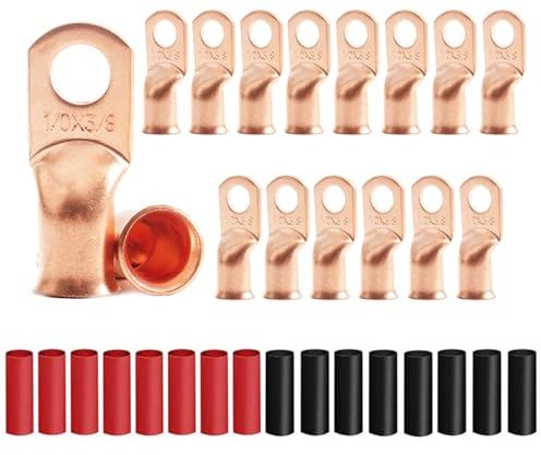 16Pcs 1/0 AWG 3/8 Stud Copper Ring Terminals Battery Cable Ends Wire Lugs with 16Pcs Heat Shrink Tubing 1/0 Gauge Battery Cable Lugs Heavy Duty Cable Lugs Bare Copper Eyelets Tubular Ring Terminal