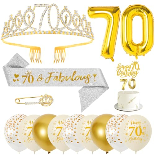 70. Geburtstag Frauen, 70 Geburtstag Schärpe und Krone/Tiara, Geburtstag Zahlen Luftballon, Konfetti Luftballons, Geburtstagskerzen Zahlen, Happy Birthday Tortendeko für Frauen Geburtstagsdeko