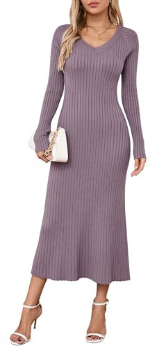 Arach&Cloz Jumper Dress for Women UK Winter Knitted Dresses Bodycon Fishtail V Neck Long Dresses Maxi Sweater (Purple,L)