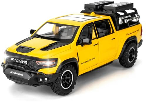 TGRCM-CZ Dodge Ram Mammoth Pick-Up Truck Modell Auto, Zink Legierung Pull Back Spielzeugauto mit Ton und Licht für Kinder Jungen Mädchen Geschenk (gelb)