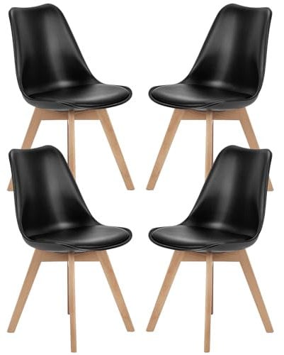 Sweetrcrispy Esszimmerstühle Esszimmerstühle 4er Set Esszimmerstühle Küchenstuhl Mid Century Moderne Stühle PU Leder Polsterstühle mit Holzbeinen Küchen- & Esszimmerstühle, Schwarz