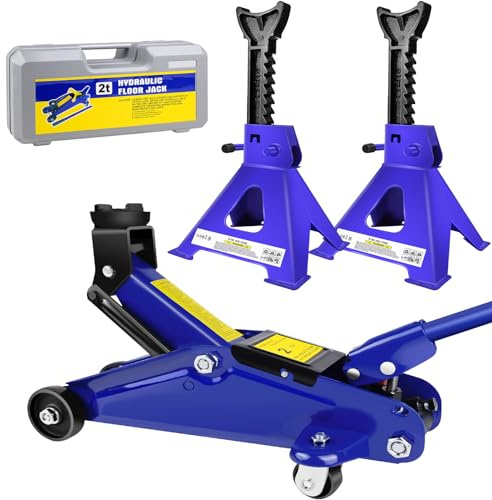 Floor Jack and Stand Combo - 2 Ton Low Profile Hydraulic & 3 Ton Axle Stand Set, Tire Repair Kit Heavy Duty Steel Racing Floor Jack with Single Piston Quick Lift Pump and Hand Case, Blue (Set of 3)