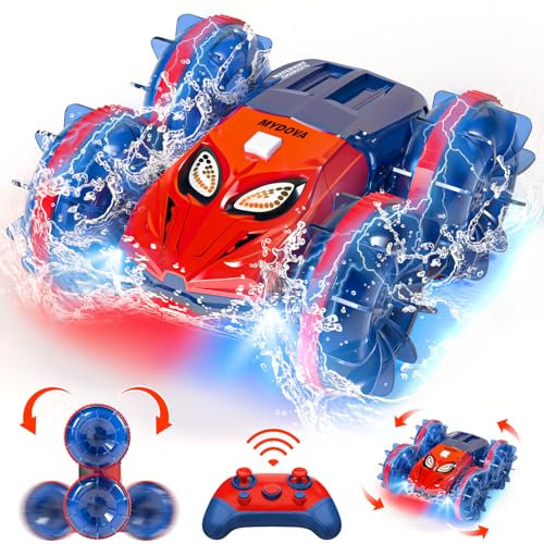 MYDOVA Voiture Telecommandé Enfant Tout Terrain Amphibie, 2.4 GHz Proportionnelle 20 KM/H Hobby Offroad Monster RC Truck, 360°& 180°Rotation étanche