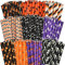 ALINK Lot de 200 pailles en papier pour Halloween, 10 styles, noir, blanc, orange, violet, biodégradables, avec rayures, vagues, pois, tête de crâne, fantôme, chauves-souris, citrouille, araignée Desi