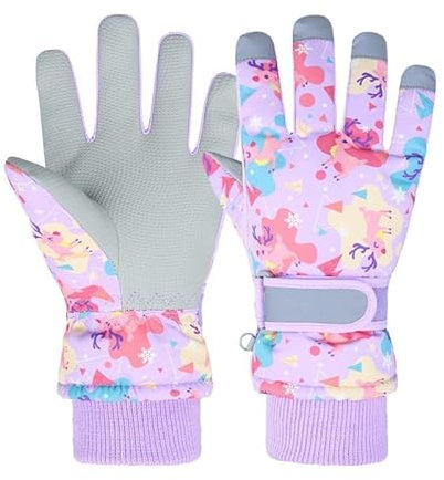Waterproof Kids Gloves Winter Cold Weather Fleece Lined Thermal Warm PU Palm Snow Ski Cycling Glove for Age1-13 Boys Girls Kid Boy Toddler Girl Children Skiing Snowboarding Running (Deer-Lavender, S)